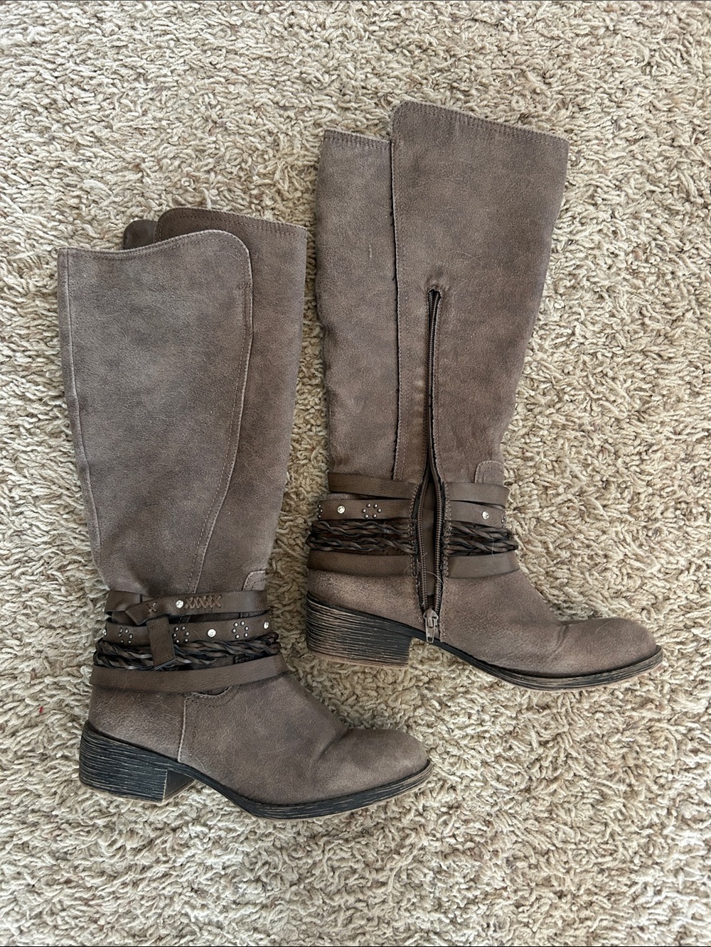 Women's Taupe Knee-High Braided Strap Boots